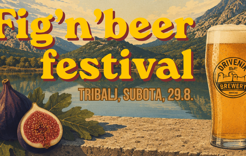 Poster for Fig'n'beer festival with golden text over a mountain lake backdrop, featuring figs on the left and a beer glass on the right.